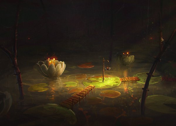 Anime picture 3200x2309 with original sylar113 highres absurdres night no people glow flower (flowers) plant (plants) water lantern bridge water lily swamp