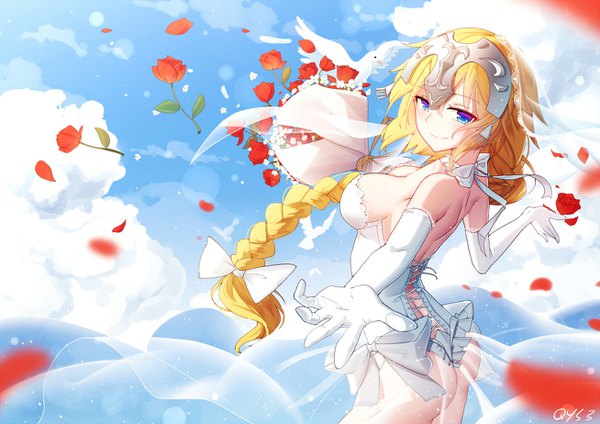 Anime picture 1307x924 with fate (series) fate/grand order fate/apocrypha jeanne d'arc (fate) (all) jeanne d'arc (fate) qys3 single long hair looking at viewer blush fringe breasts blue eyes light erotic blonde hair smile standing signed sky cleavage