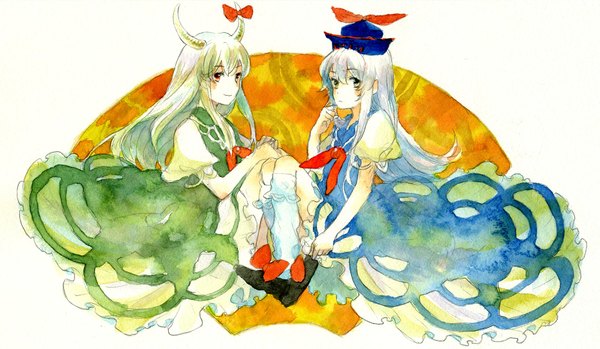 Anime picture 1855x1079 with touhou kamishirasawa keine ex-keine sugi (artist) long hair highres smile red eyes wide image sitting multiple girls yellow eyes white hair horn (horns) dual persona traditional media watercolor (medium) girl dress bow