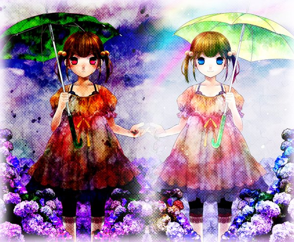 Anime picture 1700x1400 with original yoko (shiocolor) blue eyes red eyes twintails multiple girls sky holding hands short twintails girl dress flower (flowers) 2 girls blood umbrella rainbow