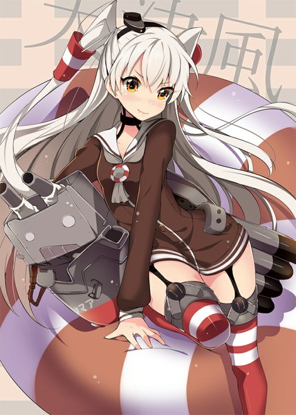 Anime picture 700x982 with kantai collection amatsukaze destroyer rensouhou-kun akishima kei single long hair tall image looking at viewer blush light erotic smile yellow eyes silver hair two side up character names o o girl thighhighs hair ornament garter straps