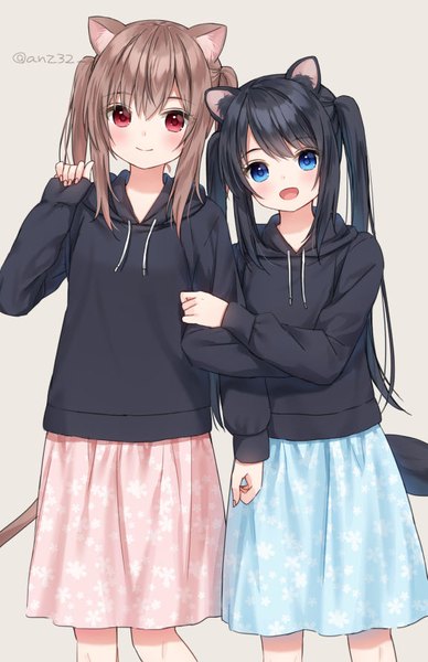 Anime picture 576x890 with original anz32 long hair tall image looking at viewer blush fringe open mouth blue eyes black hair simple background smile hair between eyes red eyes brown hair standing multiple girls signed animal ears payot