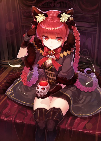 Anime picture 2591x3624 with touhou kaenbyou rin rin falcon single tall image looking at viewer fringe highres breasts smile red eyes sitting holding animal ears cleavage purple hair red hair blunt bangs braid (braids) very long hair