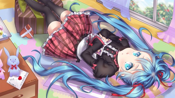 Anime picture 1920x1080 with vocaloid hatsune miku touwa nikuman long hair highres blue eyes wide image twintails blue hair girl thighhighs dress skirt ribbon (ribbons) black thighhighs hair ribbon miniskirt heart letter love letter