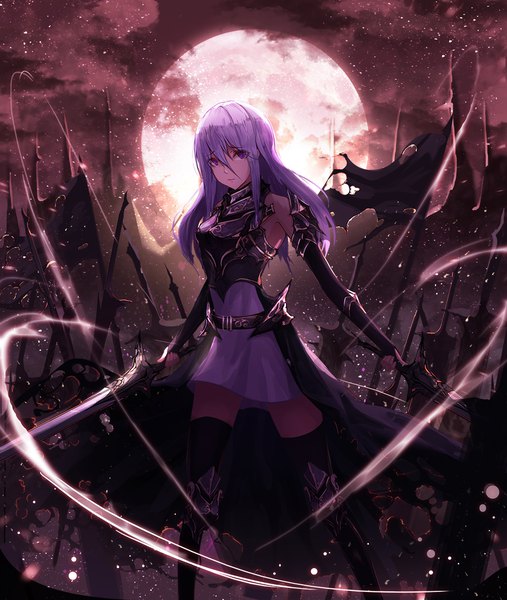 Anime picture 1000x1184 with original see n single long hair tall image looking at viewer fringe hair between eyes standing purple eyes holding purple hair cloud (clouds) blurry night night sky lens flare fighting stance dual wielding girl