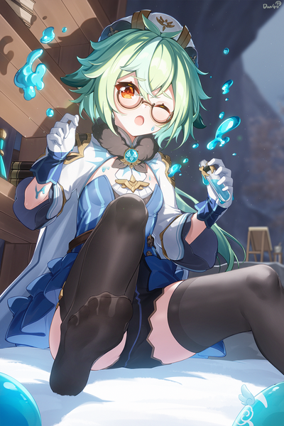 Anime picture 1500x2250 with genshin impact sucrose (genshin impact) dango remi single tall image looking at viewer short hair light erotic sitting one eye closed green hair orange eyes no shoes girl thighhighs gloves black thighhighs hat glasses vision (genshin impact)