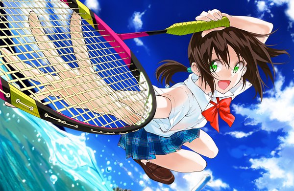 Anime picture 1014x661 with hanebado! hanesaki ayano hamada kousuke single long hair looking at viewer open mouth brown hair green eyes sky cloud (clouds) official art outstretched arm low ponytail girl uniform school uniform shoes bowtie sea