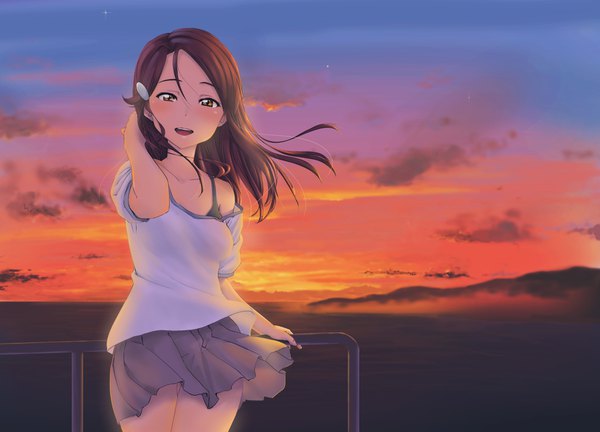 Anime picture 1651x1190 with love live! sunshine!! sunrise (studio) love live! sakurauchi riko une single long hair looking at viewer blush fringe open mouth smile hair between eyes standing holding yellow eyes cloud (clouds) outdoors red hair :d
