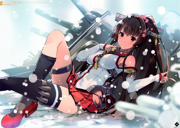 Anime picture 4266x3032 with kantai collection yamato super battleship wadatsumi garland single long hair highres light erotic red eyes brown hair bare shoulders absurdres ponytail scan snowing winter girl thighhighs skirt hair ornament black thighhighs