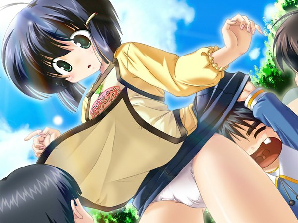 Anime picture 1024x768 with hobo-san no apron short hair light erotic black hair green eyes game cg girl underwear panties