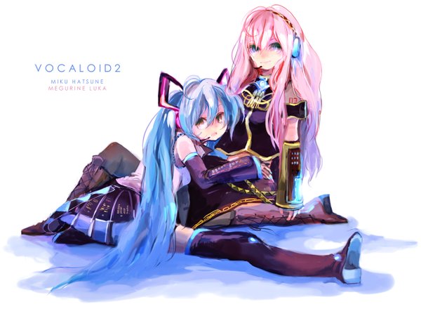 Anime picture 1300x955 with vocaloid hatsune miku megurine luka twintails multiple girls girl thighhighs skirt 2 girls