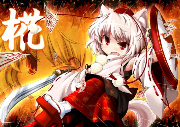 Anime-Bild 1280x906 mit touhou inubashiri momiji inyu open mouth red eyes animal ears white hair animal tail magic hieroglyph zoom layer girl weapon detached sleeves sword shield