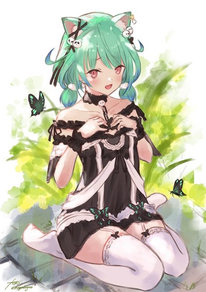 Anime picture 724x1024 with virtual youtuber hololive uruha rushia uruha rushia (3rd costume) kageno 96 single tall image short hair open mouth red eyes sitting twintails full body :d green hair no shoes low twintails official alternate costume wariza short twintails