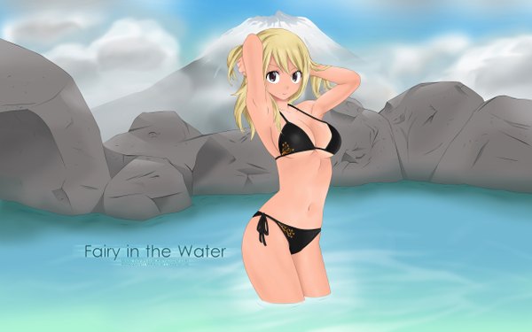 Anime picture 2560x1600 with fairy tail lucy heartfilia single long hair looking at viewer highres light erotic blonde hair wide image black eyes inscription wallpaper mountain arms behind head rock girl navel swimsuit bikini water