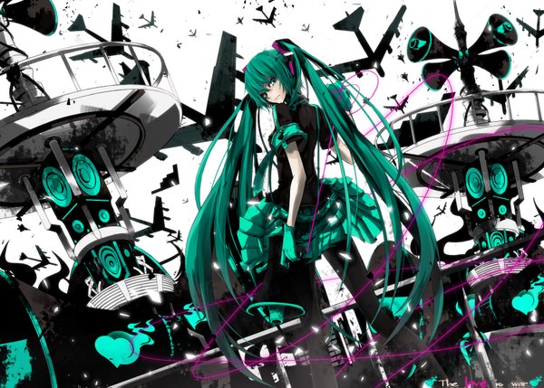 Anime picture 1744x1247 with vocaloid koi wa sensou (vocaloid) hatsune miku miruto netsuki single highres twintails green eyes very long hair looking back green hair girl skirt gloves necktie heart wire (wires) aircraft airplane speakers