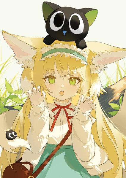 Anime picture 2480x3508 with the legend of luo xiaohei arknights suzuran (arknights) luo xiaohei suzuran (spring praise) (arknights) heixiu pingdiguo single long hair tall image looking at viewer highres open mouth blonde hair green eyes animal ears tail animal tail fox ears official alternate costume
