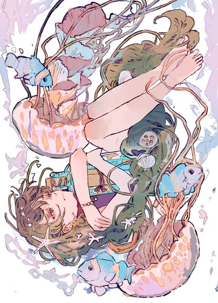 Anime picture 1668x2310 with original qooo003 single long hair tall image blue eyes brown hair looking away full body barefoot bare legs girl earrings animal bracelet fish (fishes) starfish jellyfish