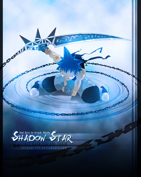 Anime picture 800x1000 with soul eater studio bones black star akagami707 single tall image short hair blue eyes blue hair inscription tattoo coloring glowing glowing eye (eyes) muscle boy weapon star (symbol) chain