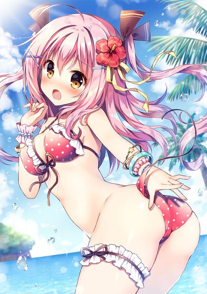 Anime picture 720x1019 with original moe2018 mauve single long hair tall image looking at viewer blush fringe breasts open mouth light erotic hair between eyes bare shoulders yellow eyes payot pink hair sky cloud (clouds) ahoge