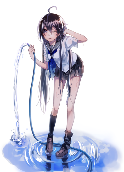 Anime picture 1100x1525 with original ri-rihoo single tall image looking at viewer blush fringe black hair simple background white background holding ahoge very long hair pleated skirt one eye closed pink eyes wet leaning leaning forward adjusting hair
