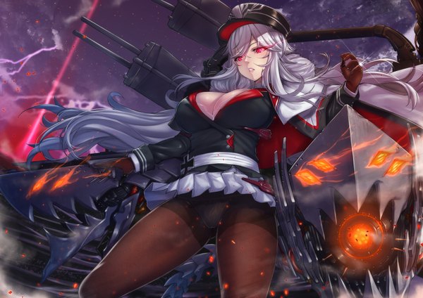 Anime picture 1457x1032 with azur lane graf zeppelin (azur lane) eba uenihane single long hair fringe breasts light erotic hair between eyes red eyes large breasts standing looking away cleavage silver hair outdoors parted lips pleated skirt night night sky
