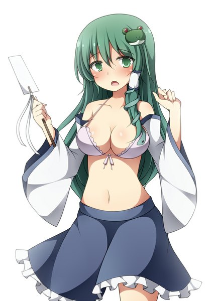 Anime picture 717x1000 with touhou kochiya sanae creta (taku10) single long hair tall image breasts open mouth light erotic simple background white background green eyes green hair midriff girl skirt navel hair ornament detached sleeves hair tubes