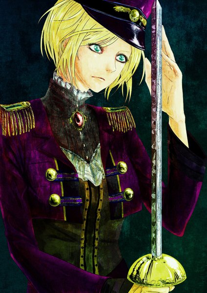 Anime picture 2894x4093 with original azusa (artist) single tall image highres short hair blonde hair aqua eyes girl uniform weapon sword neckerchief flat cap