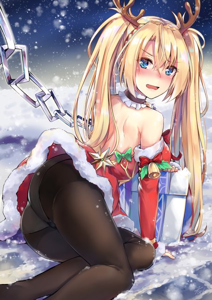 Anime picture 850x1200 with fate (series) fate/grand order bradamante (fate/grand order) konka single long hair tall image looking at viewer blush open mouth blue eyes light erotic blonde hair twintails ass horn (horns) from behind arm support back snowing
