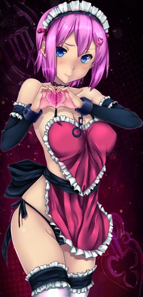 Anime picture 1184x2448 with fairy tail virgo (fairy tail) pitui1996 (krmn-chan) single tall image looking at viewer blush short hair blue eyes light erotic pink hair maid heart hands nearly naked apron girl thighhighs swimsuit detached sleeves bikini white thighhighs