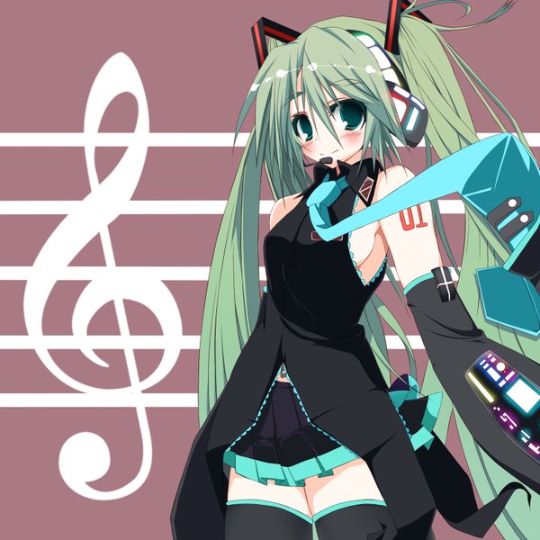 Anime picture 1568x1568 with vocaloid hatsune miku sukage single blush smile twintails green eyes very long hair aqua hair girl skirt detached sleeves miniskirt necktie headphones