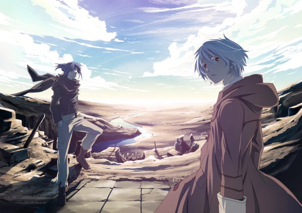 Anime picture 1300x917 with no.6 studio bones nezumi (no.6) shion (no.6) hakumai short hair red eyes blue hair looking away cloud (clouds) white hair looking back horizon landscape hands in pockets boy scarf hood pants coat