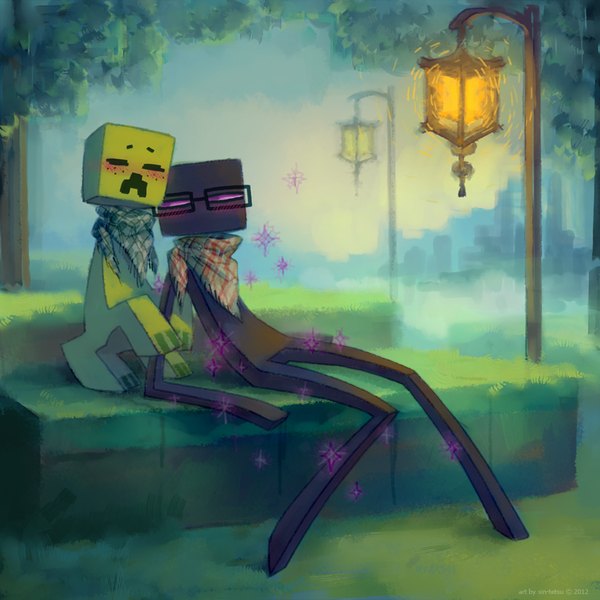 Anime picture 900x900 with minecraft creeper enderman xin-tetsu blush sitting full body bent knee (knees) sparkle shadow couple city no people fog plant (plants) tree (trees) glasses scarf grass lantern