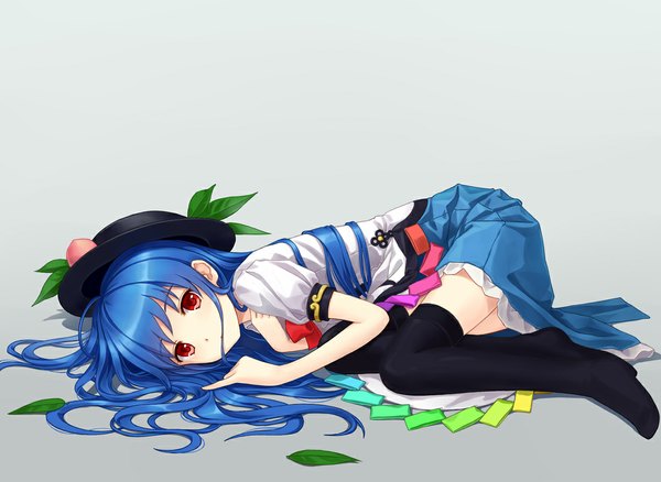 Anime picture 1100x804 with touhou hinanawi tenshi tucana single looking at viewer simple background red eyes blue hair lying no shoes tears on side crying girl thighhighs dress bow black thighhighs hat leaf (leaves)