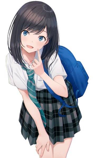 Anime picture 799x1200 with original hyuuga azuri single long hair tall image looking at viewer blush fringe breasts open mouth blue eyes black hair simple background smile hair between eyes standing white background head tilt :d pleated skirt