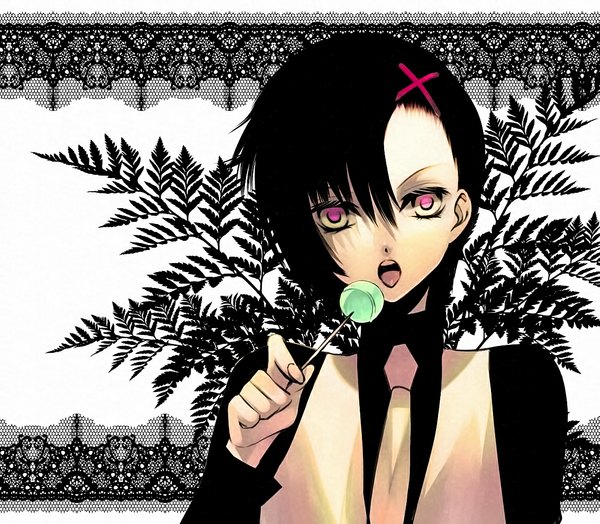 Anime picture 1134x992 with original shijuu hachi single looking at viewer fringe short hair open mouth black hair red eyes hair ornament necktie hairclip x hair ornament vest lollipop