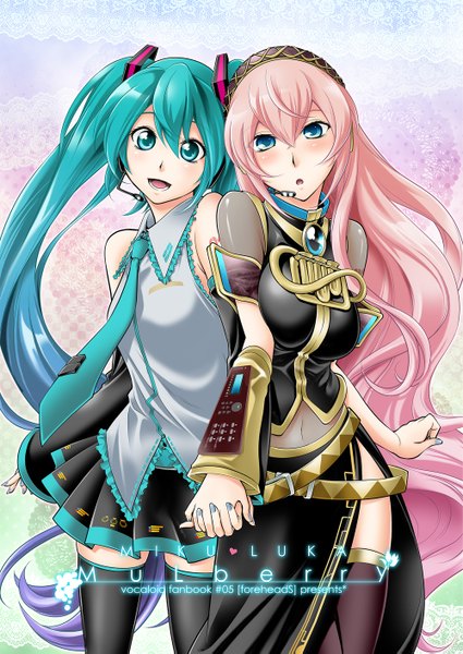 Anime picture 1000x1413 with vocaloid hatsune miku megurine luka kitano tomotoshi long hair tall image blush open mouth blue eyes twintails multiple girls pink hair aqua eyes aqua hair holding hands girl skirt navel 2 girls detached sleeves