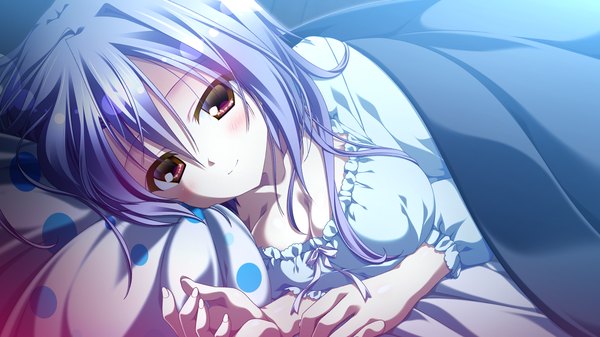 Anime picture 1280x720 with 12 no tsuki no eve shiina anzu shouna mitsuishi single long hair looking at viewer wide image purple eyes game cg silver hair lying light smile girl pajamas