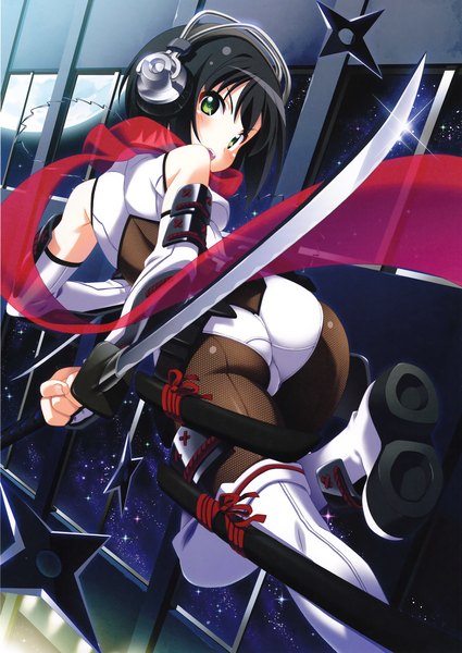 Anime picture 2171x3066 with original eshi 100-nin ten kuuchuu yousai single tall image blush highres short hair light erotic black hair green eyes girl weapon detached sleeves sword boots headdress headphones scarf katana