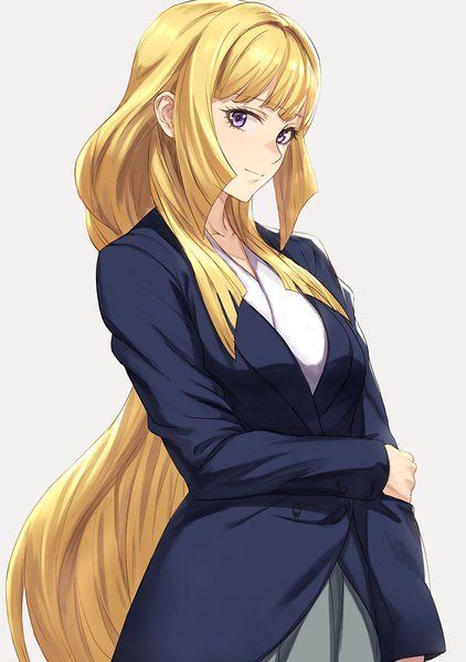 Anime picture 704x1000 with mobile suit gundam gundam tekketsu no orphans sunrise (studio) kudelia aina bernstein guchico single tall image looking at viewer blonde hair simple background purple eyes very long hair girl suit