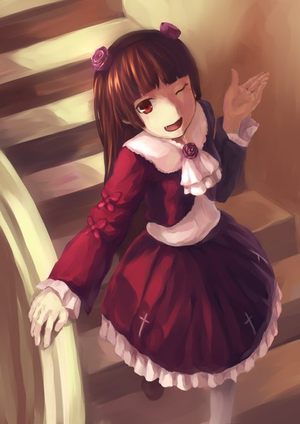 Anime picture 2480x3507 with ore no imouto ga konna ni kawaii wake ga nai gokou ruri xiamianliele (artist) single long hair tall image highres open mouth red eyes brown hair absurdres one eye closed wink teeth fang (fangs) girl dress hairband stairs