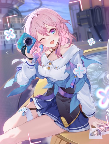 Anime picture 2614x3444 with honkai: star rail honkai (series) march 7th (honkai: star rail) ion (on01e) single tall image looking at viewer fringe highres short hair open mouth hair between eyes sitting pink hair outdoors head tilt ;d multicolored eyes girl camera