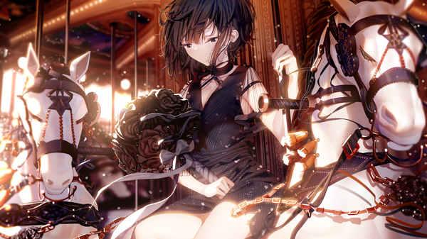 Anime picture 2560x1440 with original atha (leejuiping) single blush fringe highres short hair breasts black hair hair between eyes wide image sitting purple eyes holding cleavage light smile wind sunlight blurry depth of field