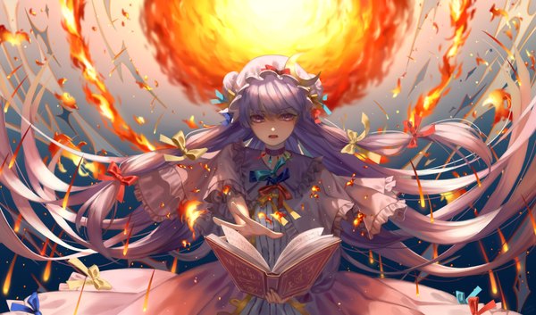 Anime picture 1918x1130 with touhou patchouli knowledge ze xia single fringe highres open mouth hair between eyes wide image purple eyes holding purple hair very long hair outstretched arm magic girl bow hair bow choker frills