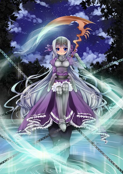 Anime picture 707x1000 with kore wa zombie desu ka? studio deen eucliwood hellscythe usagihime single long hair tall image looking at viewer blush blue eyes sky silver hair cloud (clouds) night girl dress weapon armor chain scythe