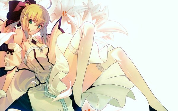 Anime picture 1920x1200 with fate (series) fate/stay night fate/unlimited codes studio deen type-moon artoria pendragon (all) saber saber lily single long hair looking at viewer fringe highres breasts simple background blonde hair wide image white background bare shoulders green eyes