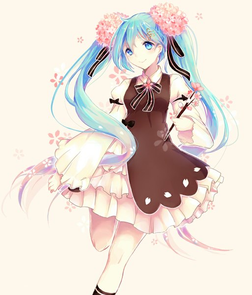 Anime picture 865x1011 with vocaloid hatsune miku sakura miku daisy (18960589526) single tall image blush blue eyes simple background smile twintails blue hair looking away very long hair hair flower cherry blossoms pink background leg lift (legs lift) floral background girl