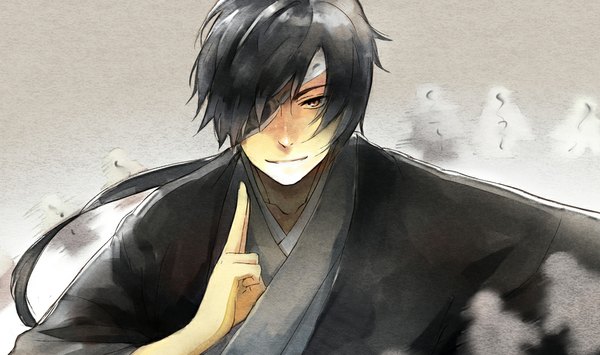 Anime picture 1024x607 with natsume yuujinchou brains base (studio) matoba seiji a-boo single long hair black hair simple background wide image brown eyes ponytail traditional clothes japanese clothes grey background magic bandage over one eye boy paper