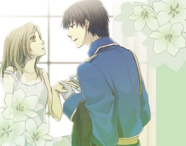 Anime picture 1657x1299 with fullmetal alchemist fullmetal alchemist brotherhood studio bones roy mustang riza hawkeye long hair short hair blonde hair brown hair yellow eyes profile sleeveless couple holding hands girl boy uniform flower (flowers) window military uniform