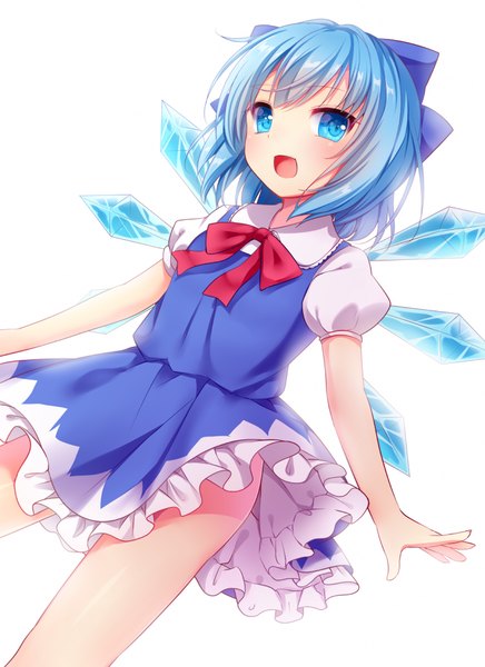 Anime picture 700x962 with touhou cirno nachi single tall image fringe short hair open mouth blue eyes simple background white background blue hair looking away :d bare legs short sleeves legs girl bow hair bow