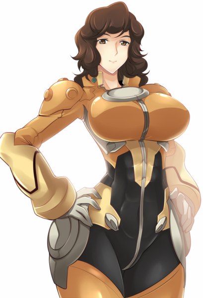 Anime picture 900x1319 with mobile suit gundam gundam g no reconguista sunrise (studio) haganef single long hair tall image breasts light erotic simple background brown hair white background brown eyes light smile huge breasts hands on hips girl bodysuit